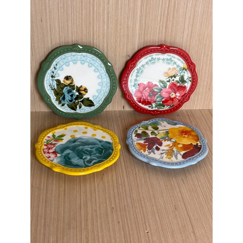 Pioneer Woman Stoneware Coaster Set/4 Floral Scalloped Edge Cork Back Farmhouse